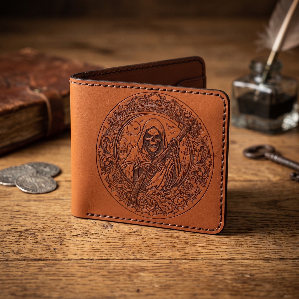 Portefeuille en cuir gravé La Faucheuse